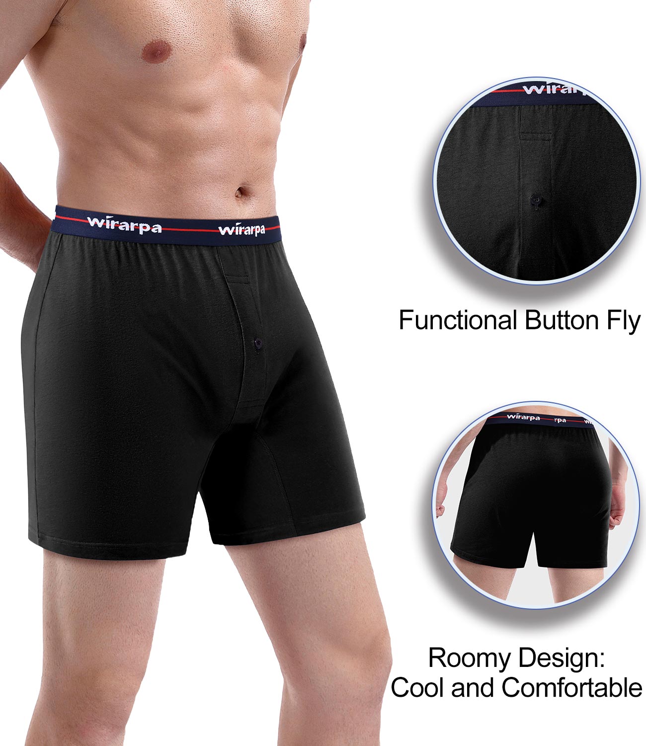 wirarpa Men's Boxer Shorts 100 Cotton Boxers Underwear Loose Fit Button Fly 4 Pack