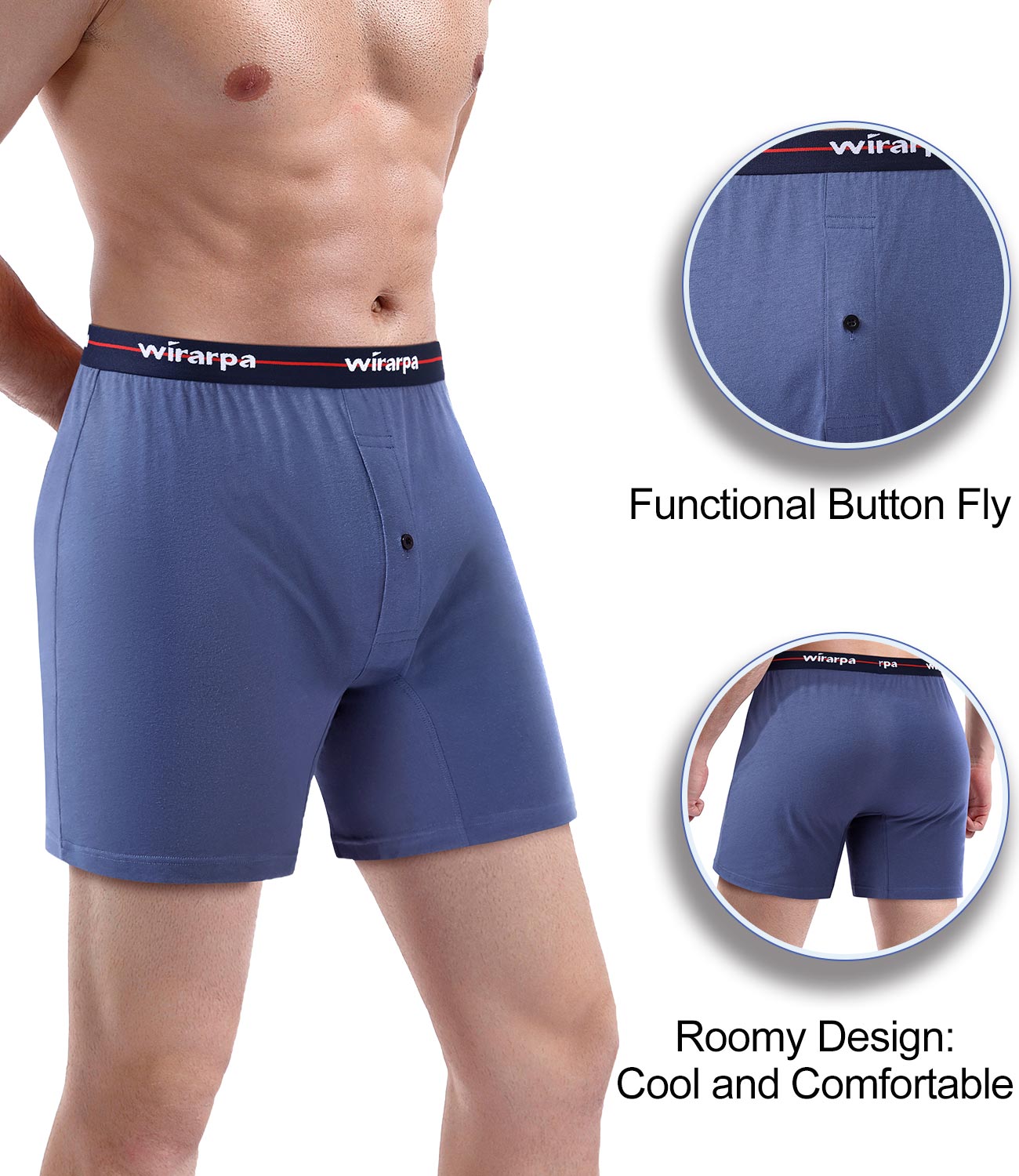 wirarpa Men's Boxer Shorts 100 Cotton Boxers Underwear Loose Fit Button Fly 4 Pack