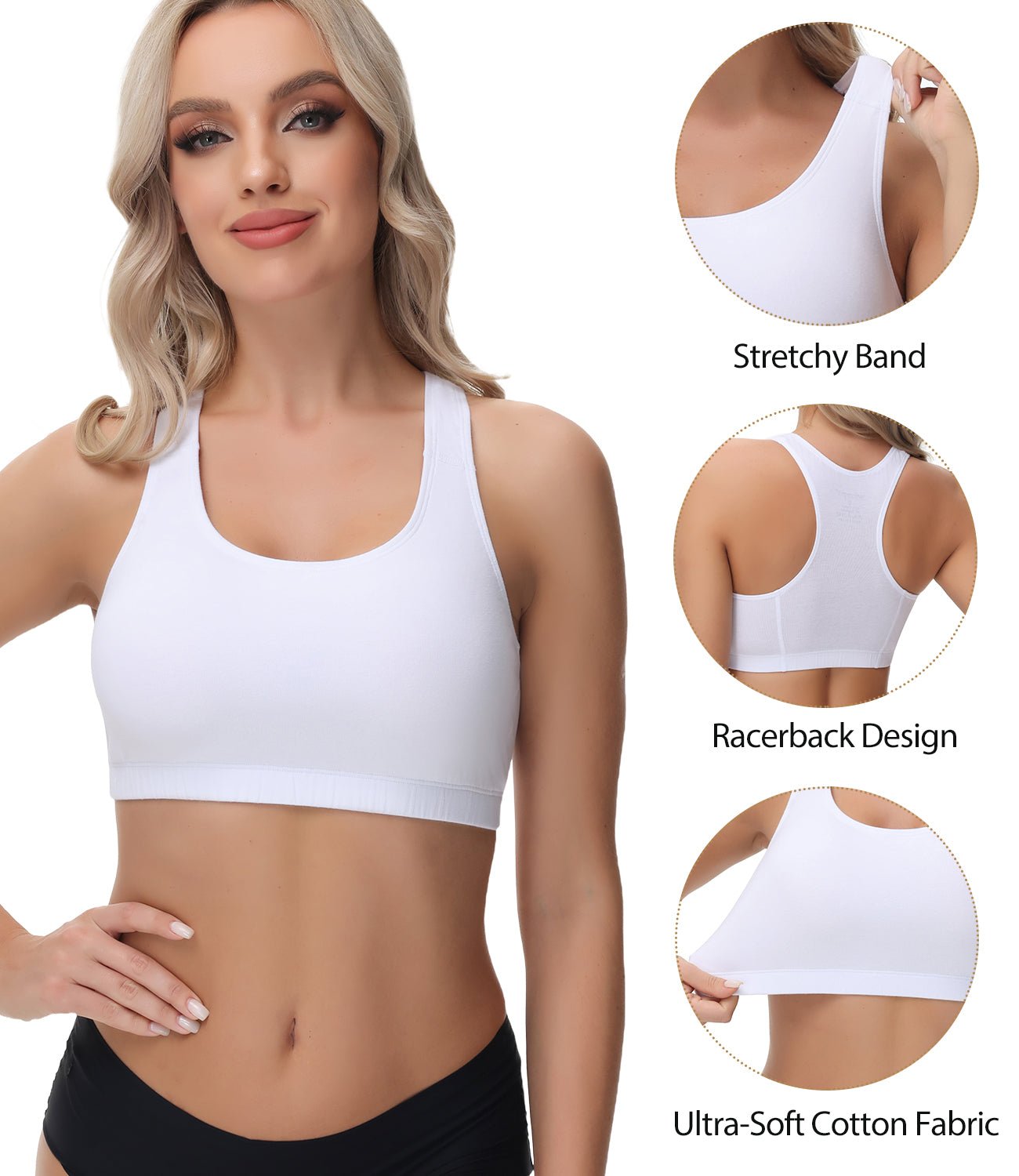 wirarpa Women's Bralette Cotton Racerback T - Back Bralettes Crop Top No Padding Light Support 3 Pack - Wirarpa Apparel, Inc.