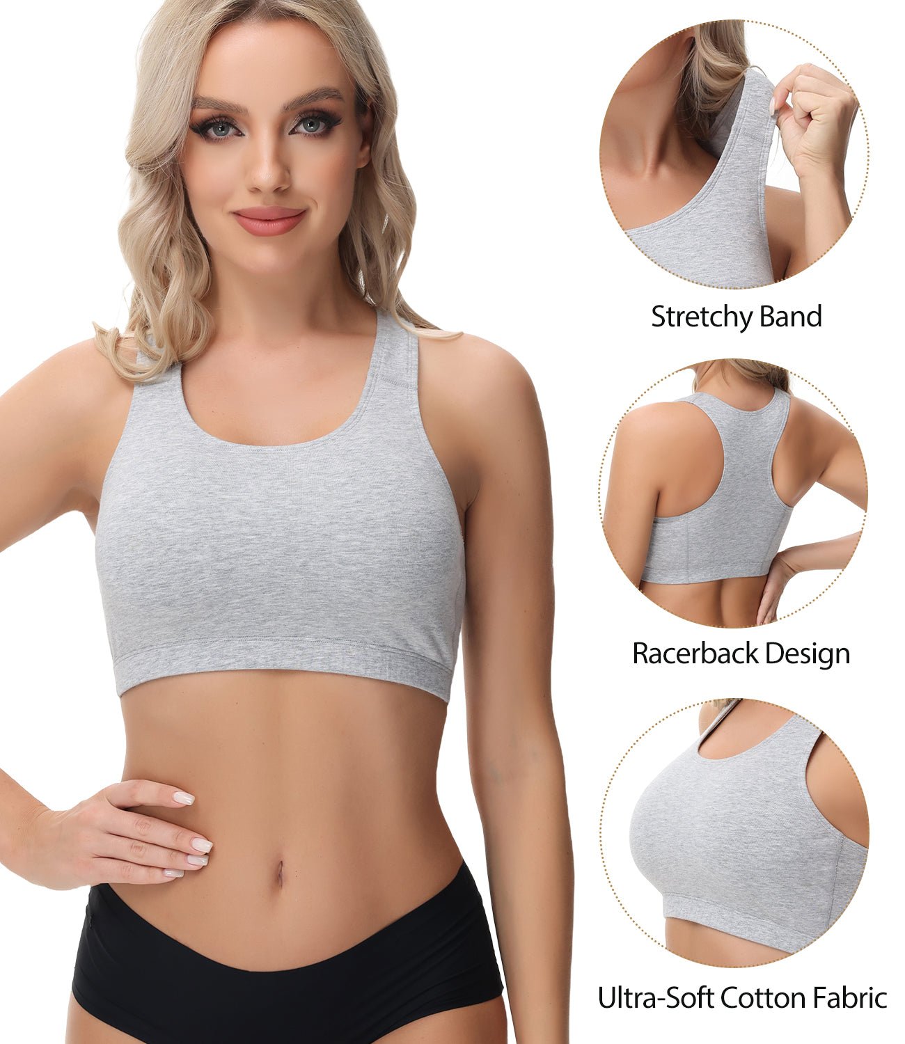 wirarpa Women's Bralette Cotton Racerback T - Back Bralettes Crop Top No Padding Light Support 3 Pack - Wirarpa Apparel, Inc.