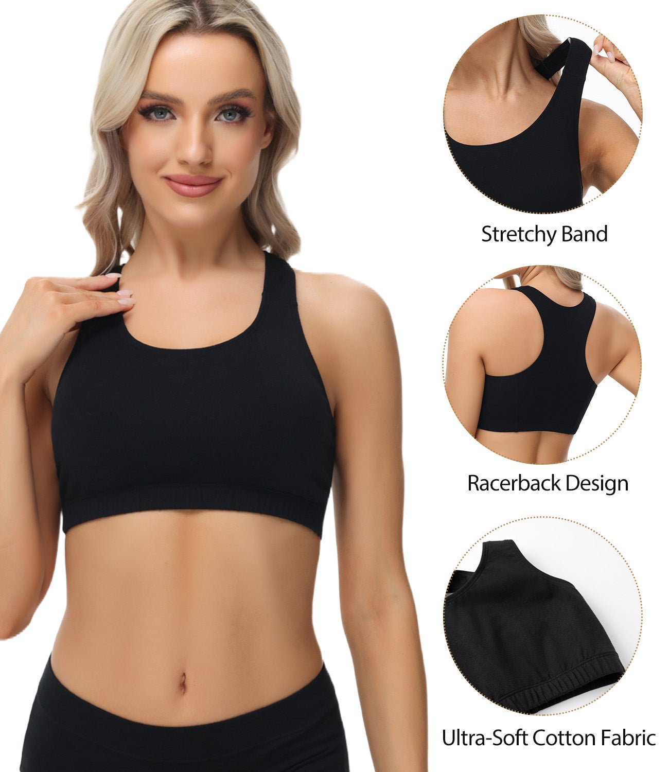 wirarpa Women's Bralette Cotton Racerback T - Back Bralettes Crop Top No Padding Light Support 3 Pack - Wirarpa Apparel, Inc.