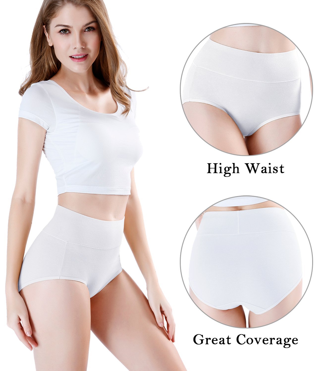 GetUSCart- wirarpa Womens Cotton Underwear Panties High Waisted Full Briefs  Ladies No Muffin Top Underpants 4 Pack White Size 6, Medium
