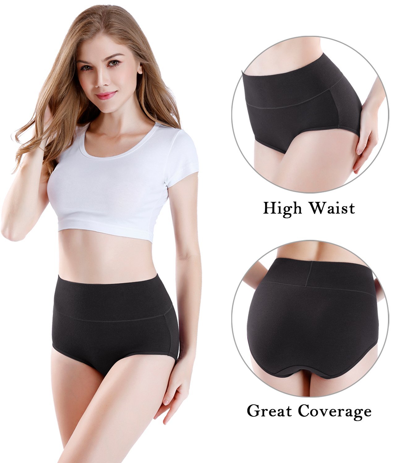 Wirarpa Women's Underwear High Waisted Full Coverage Cotton Briefs 4  Pack(L, Black/Heather Grey/Deep Navy/Purple) 