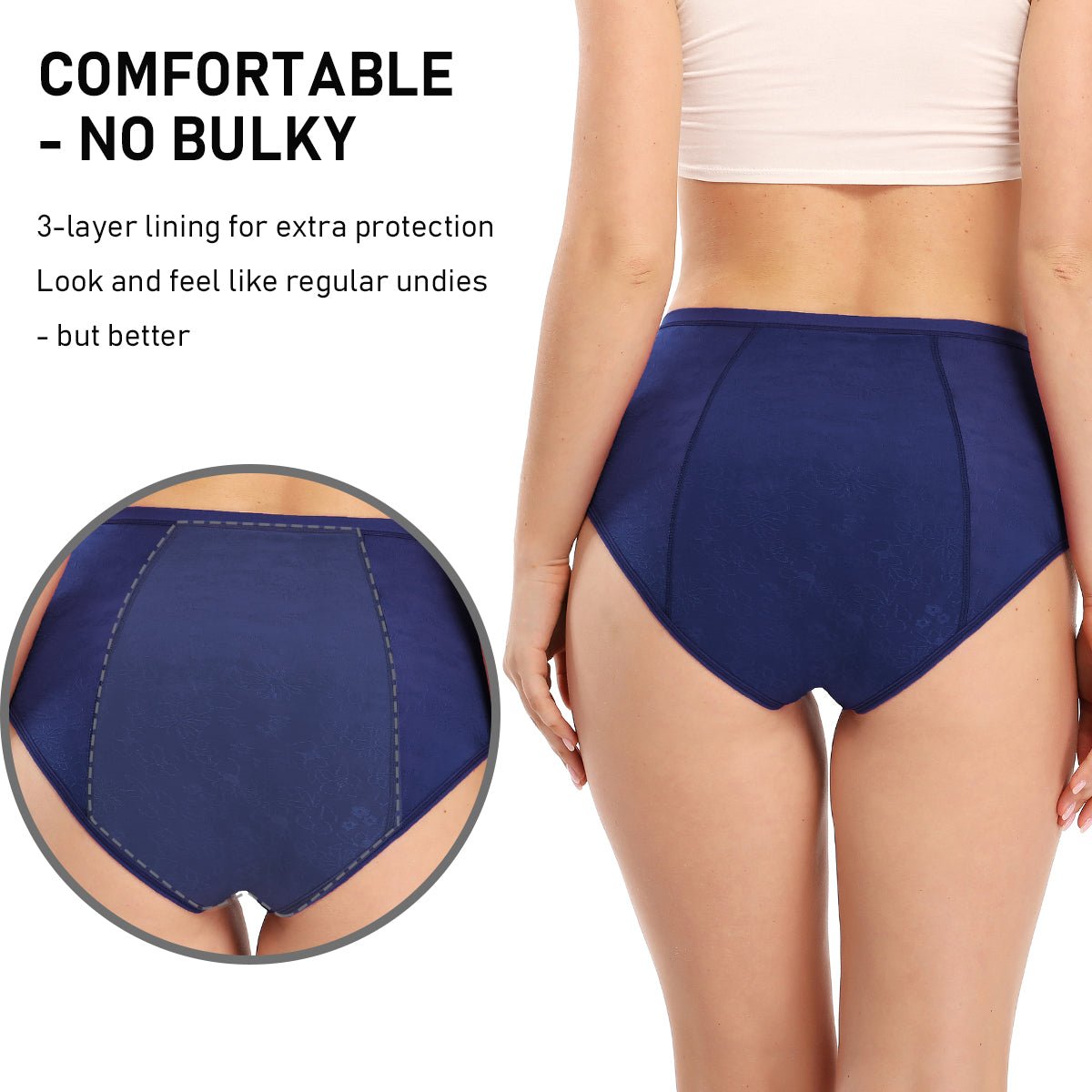 wirarpa Women's Period Panties Girls Leakproof Soft Underwear Jacquard Easy  Clean Postpartum Briefs 1 Pack Navy Blue Large 